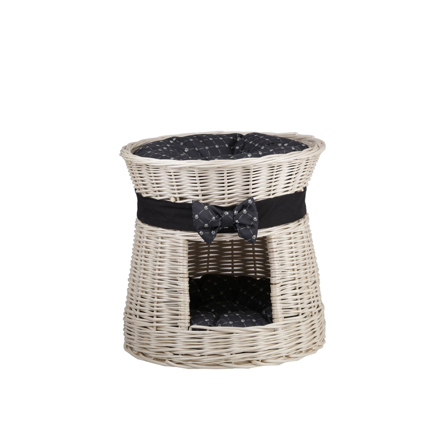 Eralis wiklinowy domek dla kota z poduszkami i kokardą, dwie kondygnacje TheWickerStories