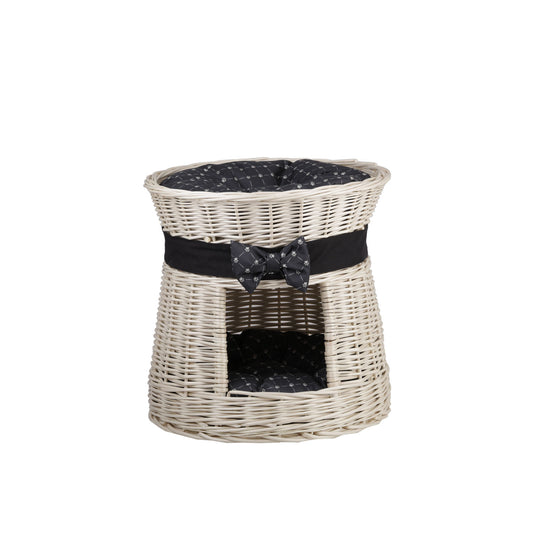 Eralis wiklinowy domek dla kota z poduszkami i kokardą, dwie kondygnacje TheWickerStories