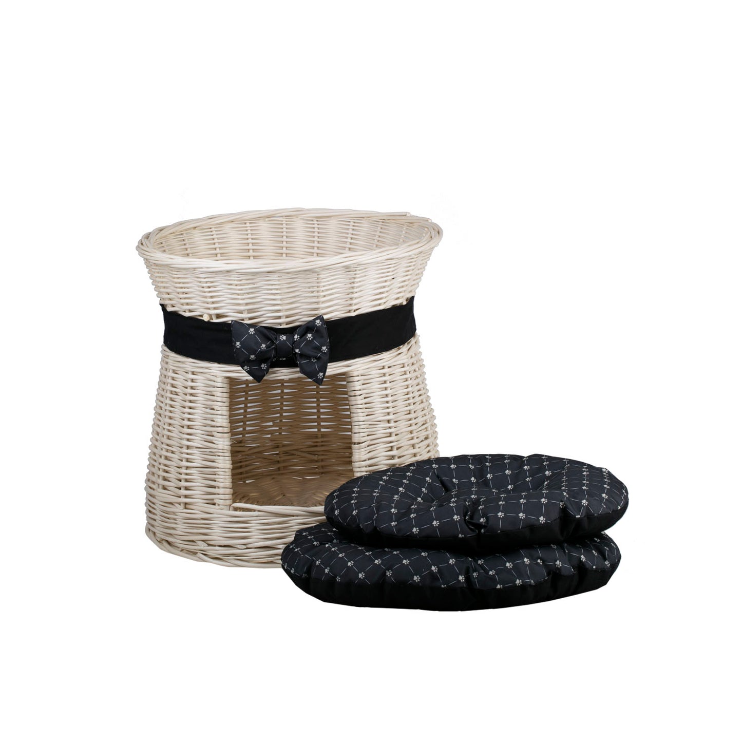 Eralis wiklinowy domek dla kota z poduszkami i kokardą, dwie kondygnacje TheWickerStories