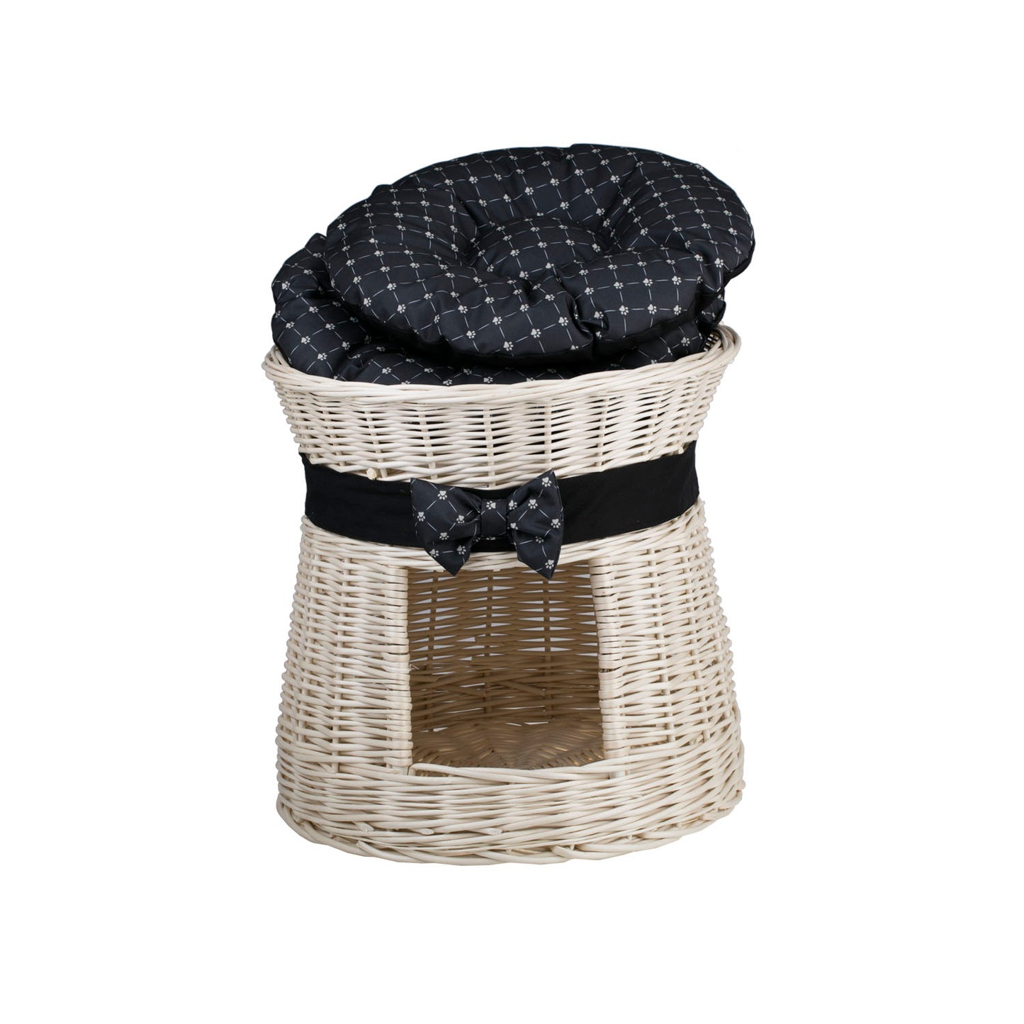 Eralis wiklinowy domek dla kota z poduszkami i kokardą, dwie kondygnacje TheWickerStories