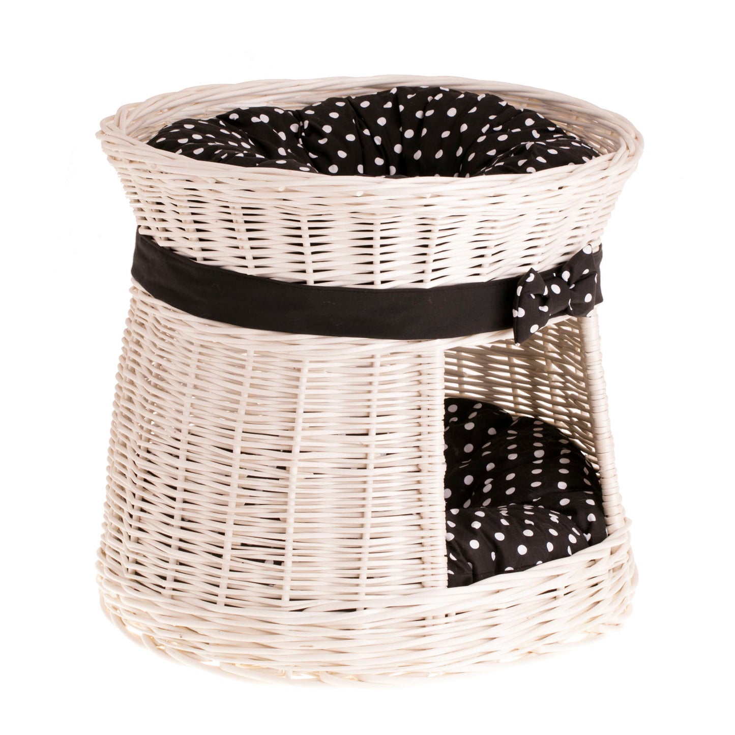 Eralis wiklinowy kosz dla kota dwupoziomowy, z poduszkami i kokardą TheWickerStories
