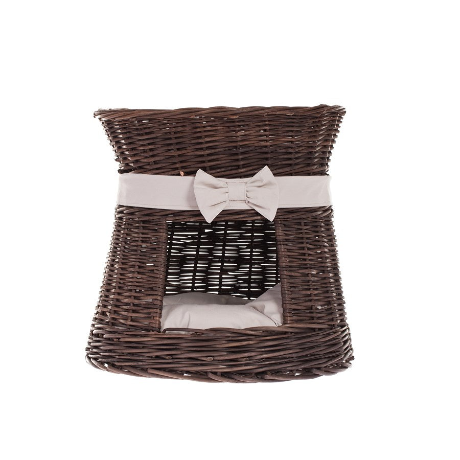 Eralis wiklinowy domek dla kota dwupoziomowy, z poduszkami i kokardą TheWickerStories