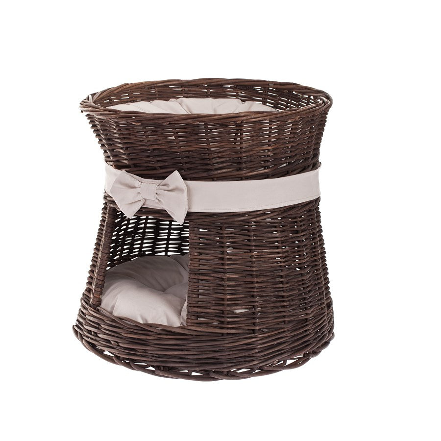 Eralis wiklinowy domek dla kota dwupoziomowy, z poduszkami i kokardą TheWickerStories