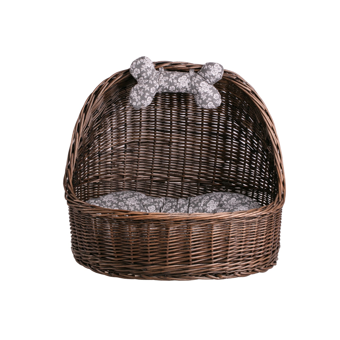 Elsa wiklinowy koszyk legowisko dla zwierząt z szarą poduszką i kością TheWickerStories