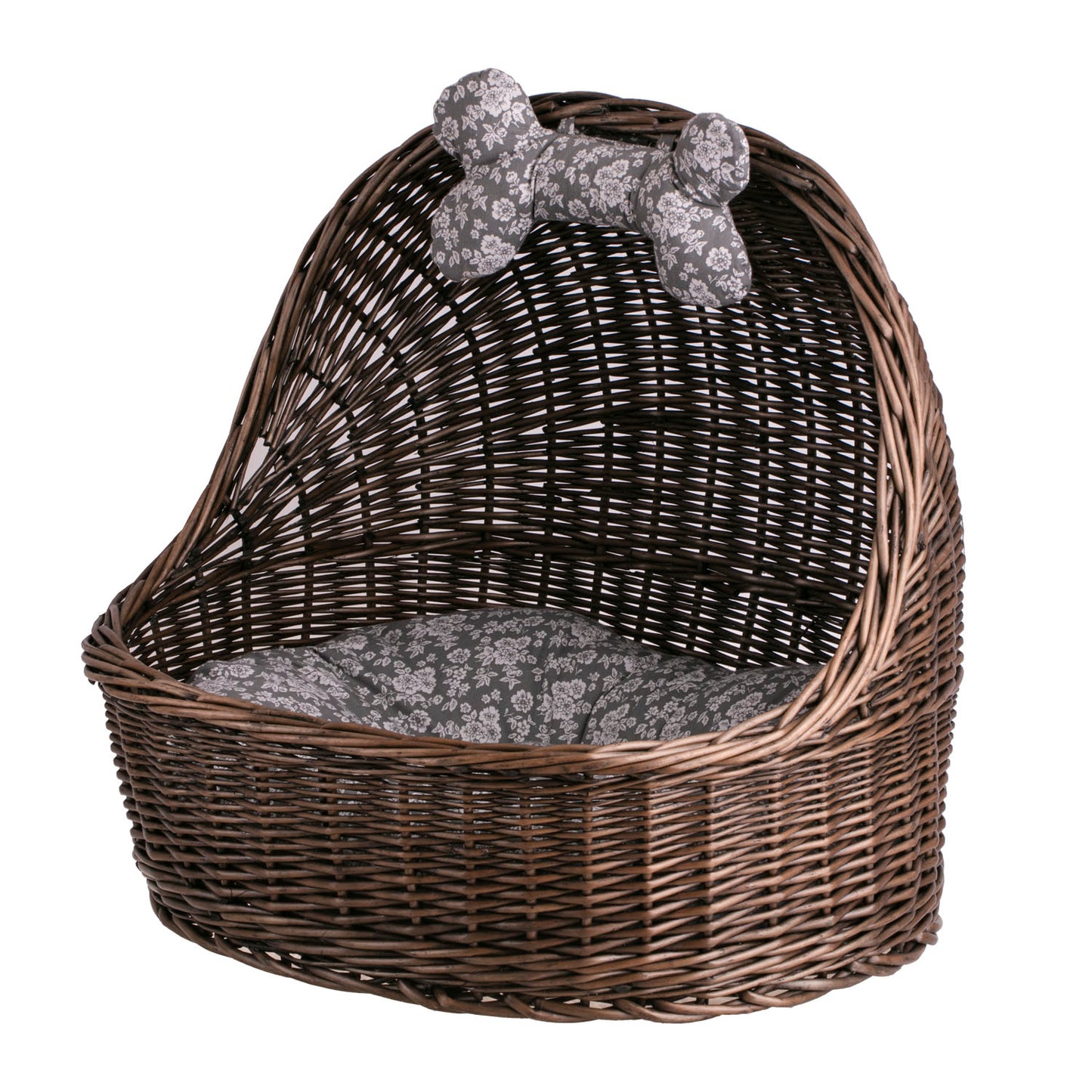 Elsa wiklinowy koszyk legowisko dla zwierząt z szarą poduszką i kością TheWickerStories