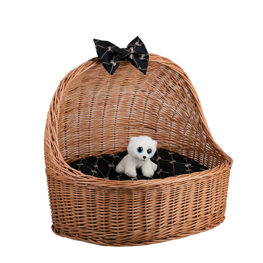 Elsa wiklinowy koszyk legowisko dla zwierząt z czarną poduszką i kokardą TheWickerStories