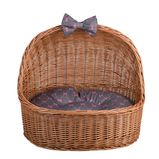 Elarion wiklinowy domek dla psa i kota z poduszką i kokardą TheWickerStories