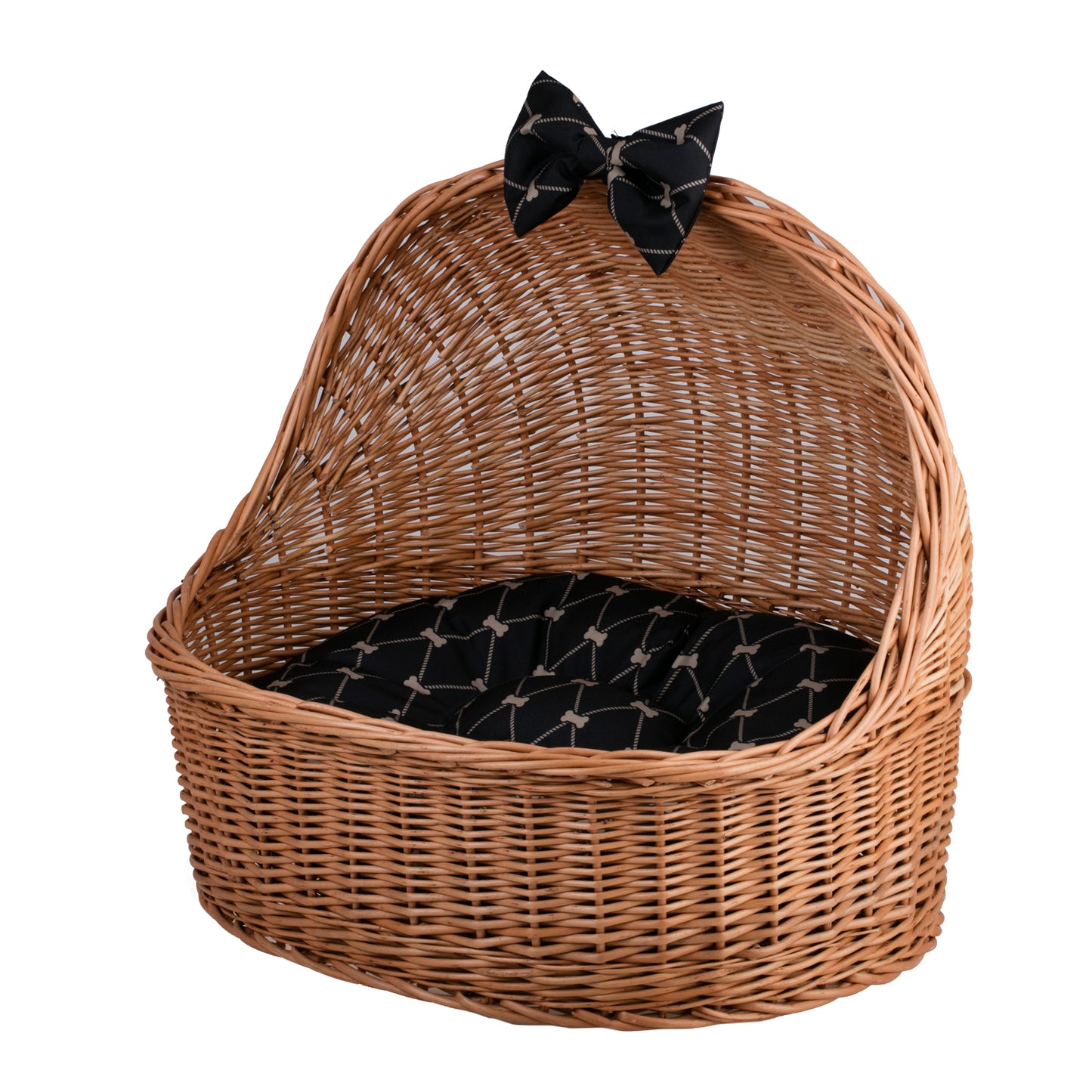 Elsa wiklinowy koszyk legowisko dla zwierząt z czarną poduszką i kokardą TheWickerStories