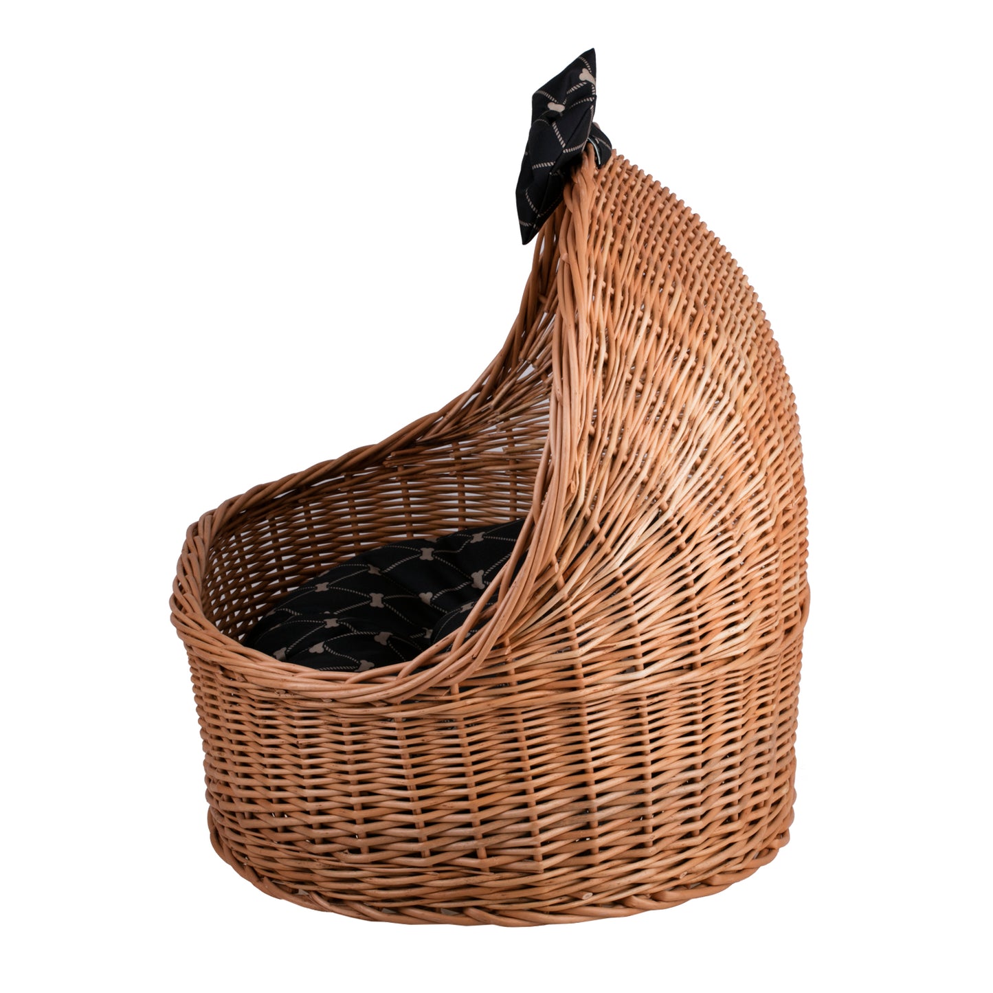 Elsa wiklinowy koszyk legowisko dla zwierząt z czarną poduszką i kokardą TheWickerStories