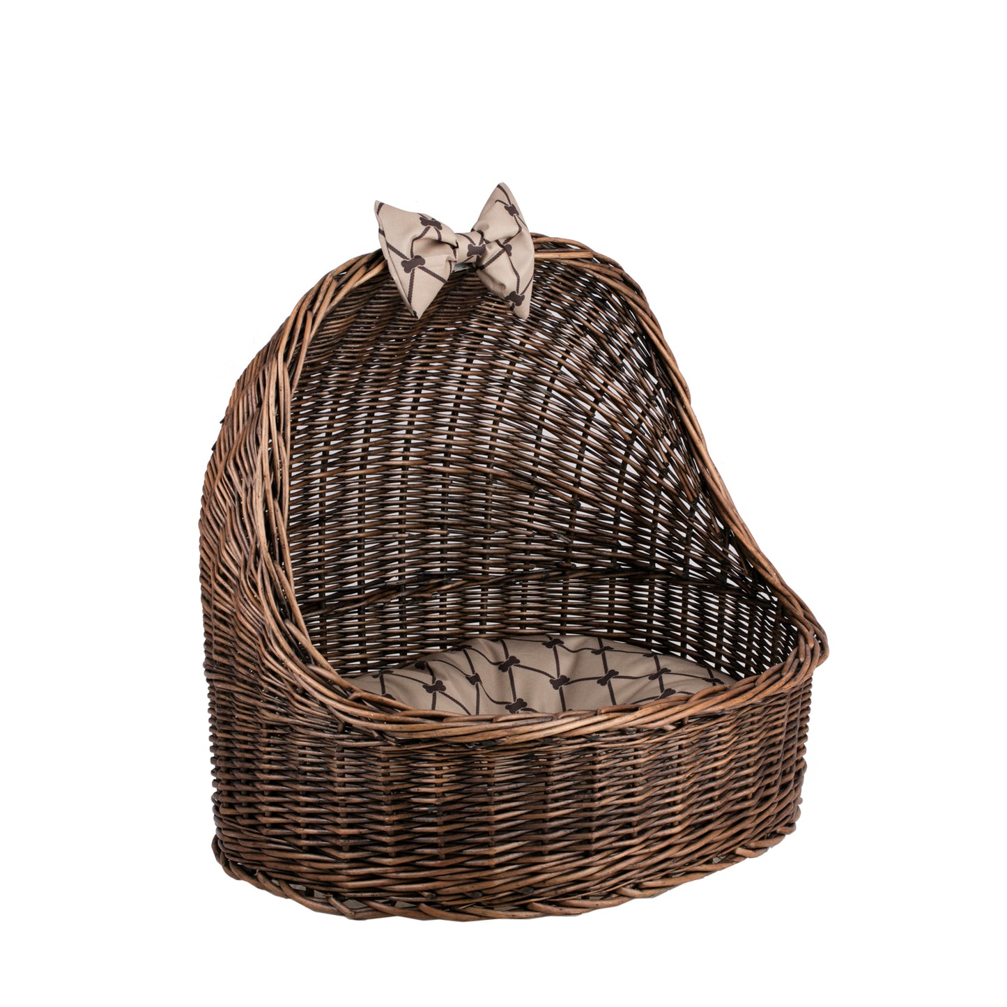 Elsa wiklinowy koszyk legowisko dla zwierząt z beżową poduszką i kokardą TheWickerStories