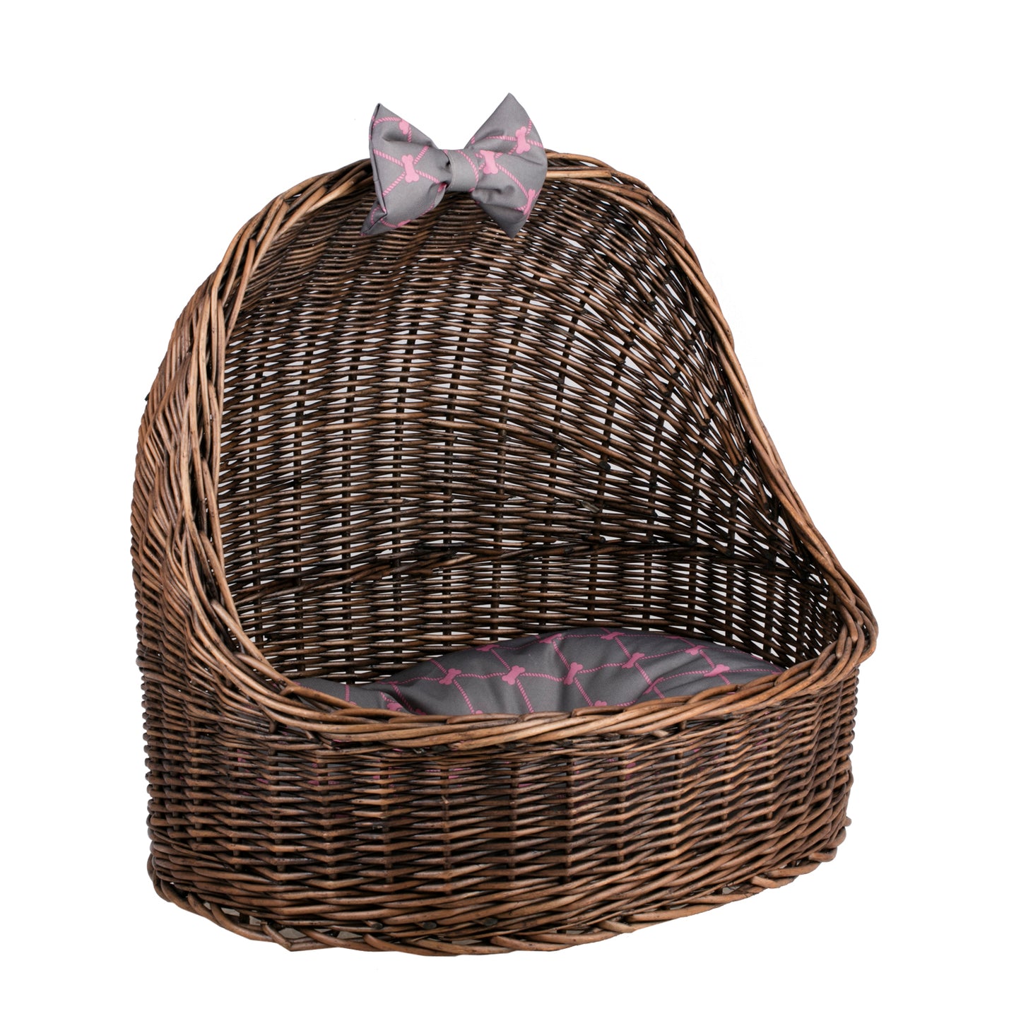Elsa wiklinowy koszyk legowisko dla zwierząt z szarą poduszką i kokardą TheWickerStories