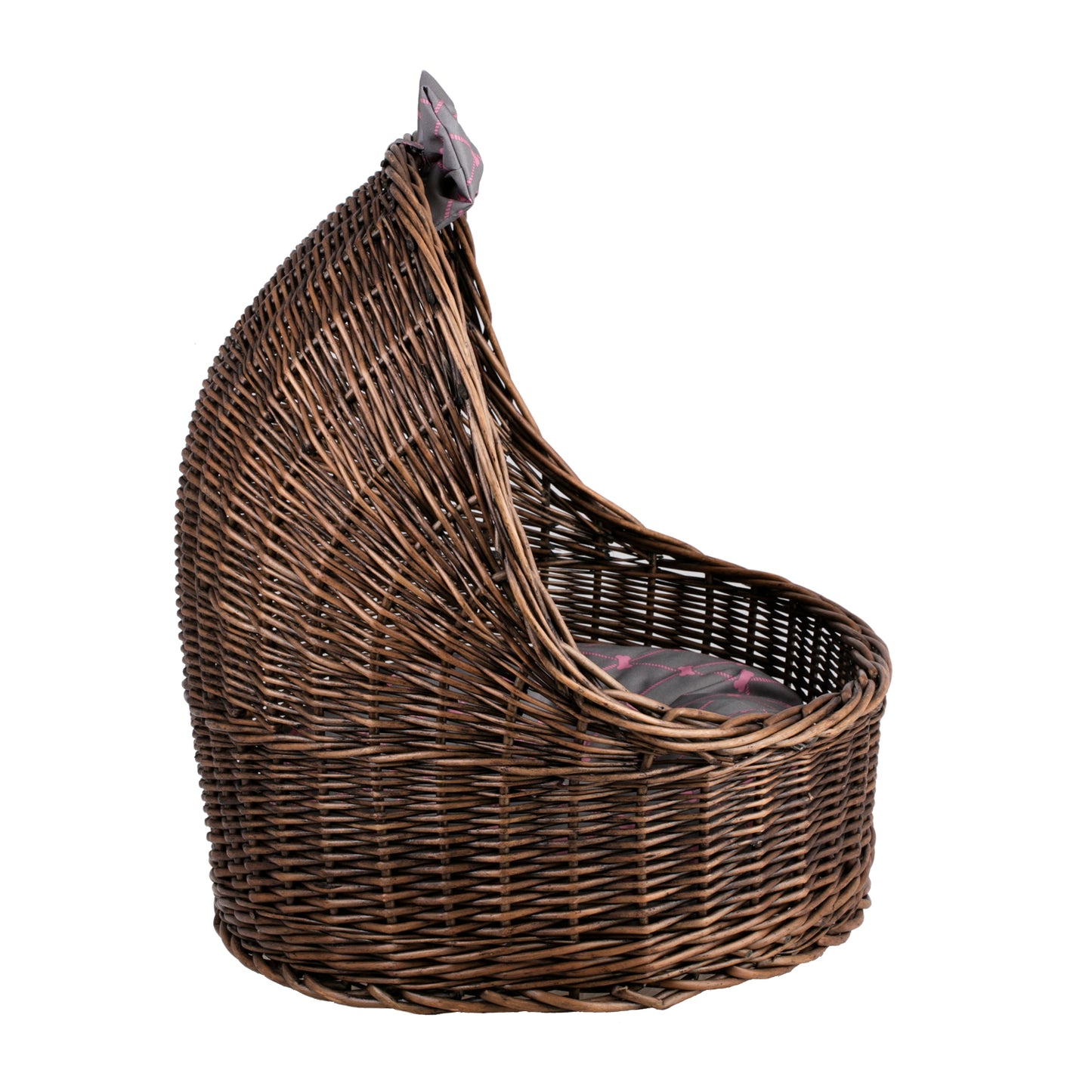 Elsa wiklinowy koszyk legowisko dla zwierząt z szarą poduszką i kokardą TheWickerStories