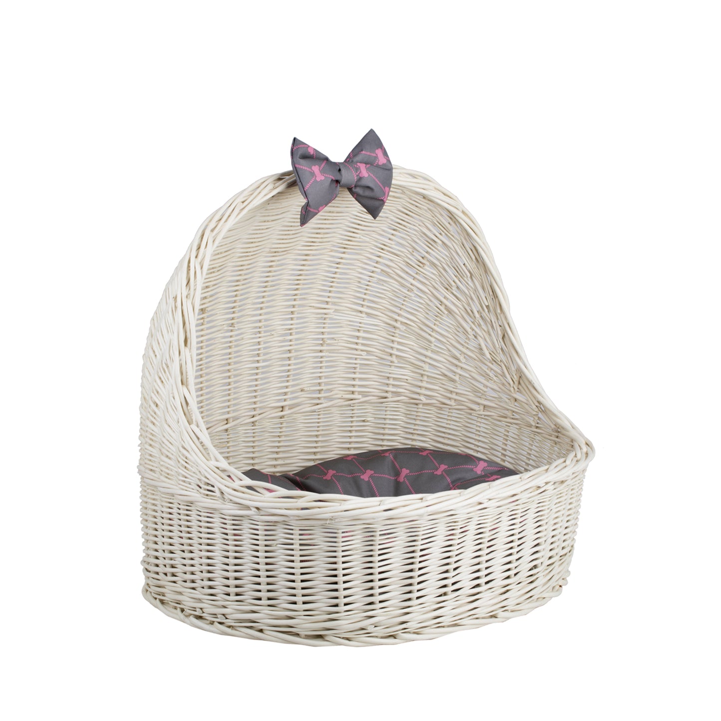 Elsa wiklinowy koszyk legowisko dla zwierząt z szarą poduszką i kokardą TheWickerStories