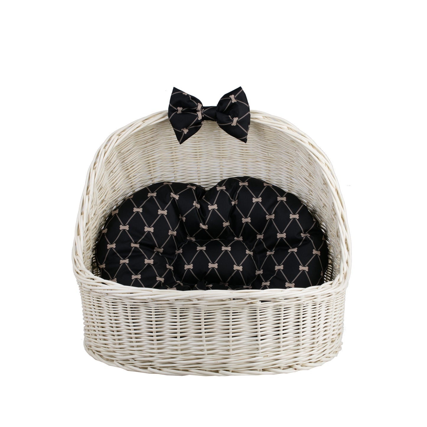 Elsa wiklinowy koszyk legowisko dla zwierząt z czarną poduszką i kokardą TheWickerStories
