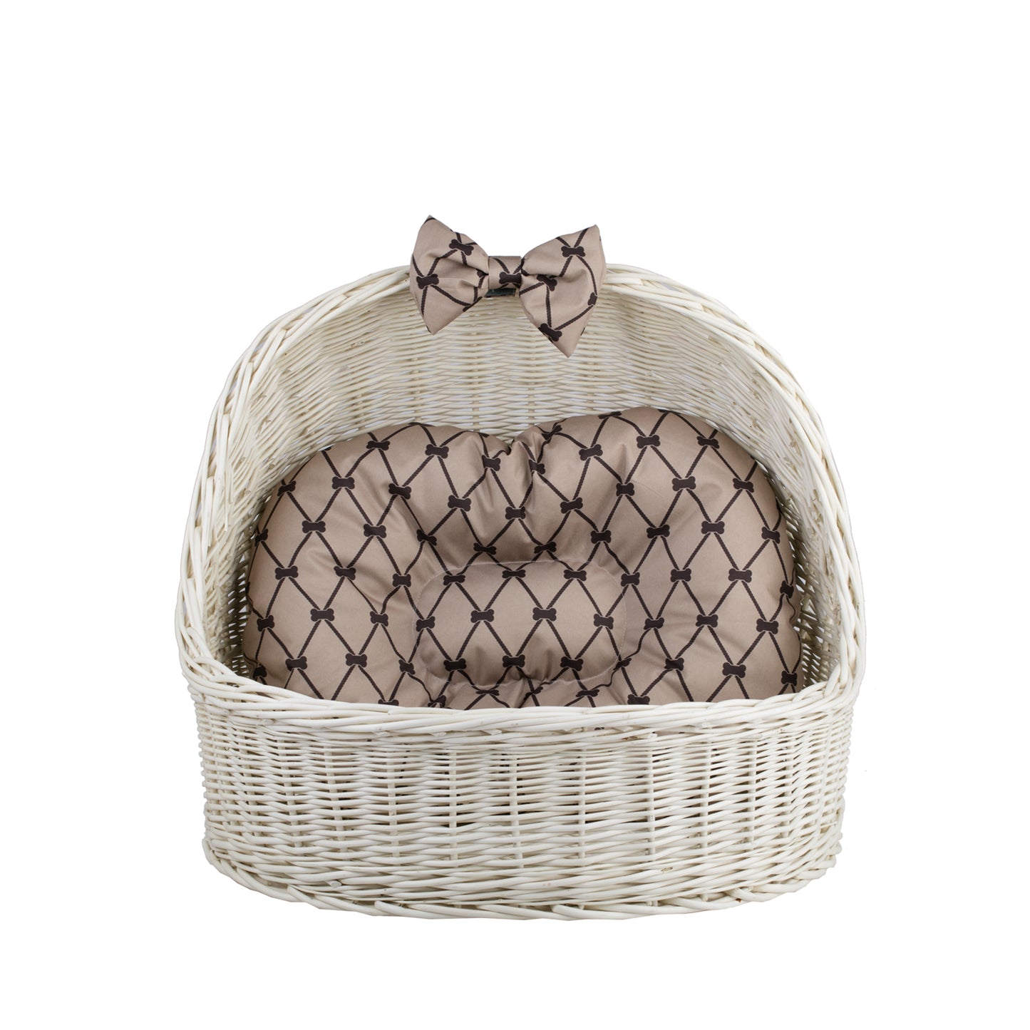 Elsa wiklinowy koszyk legowisko dla zwierząt z beżową poduszką i kokardą TheWickerStories