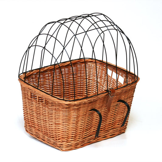 Timoria wiklinowy kosz na rower dla zwierząt z pokrywą i metalową kratką, z paskami skórzanymi TheWickerStories