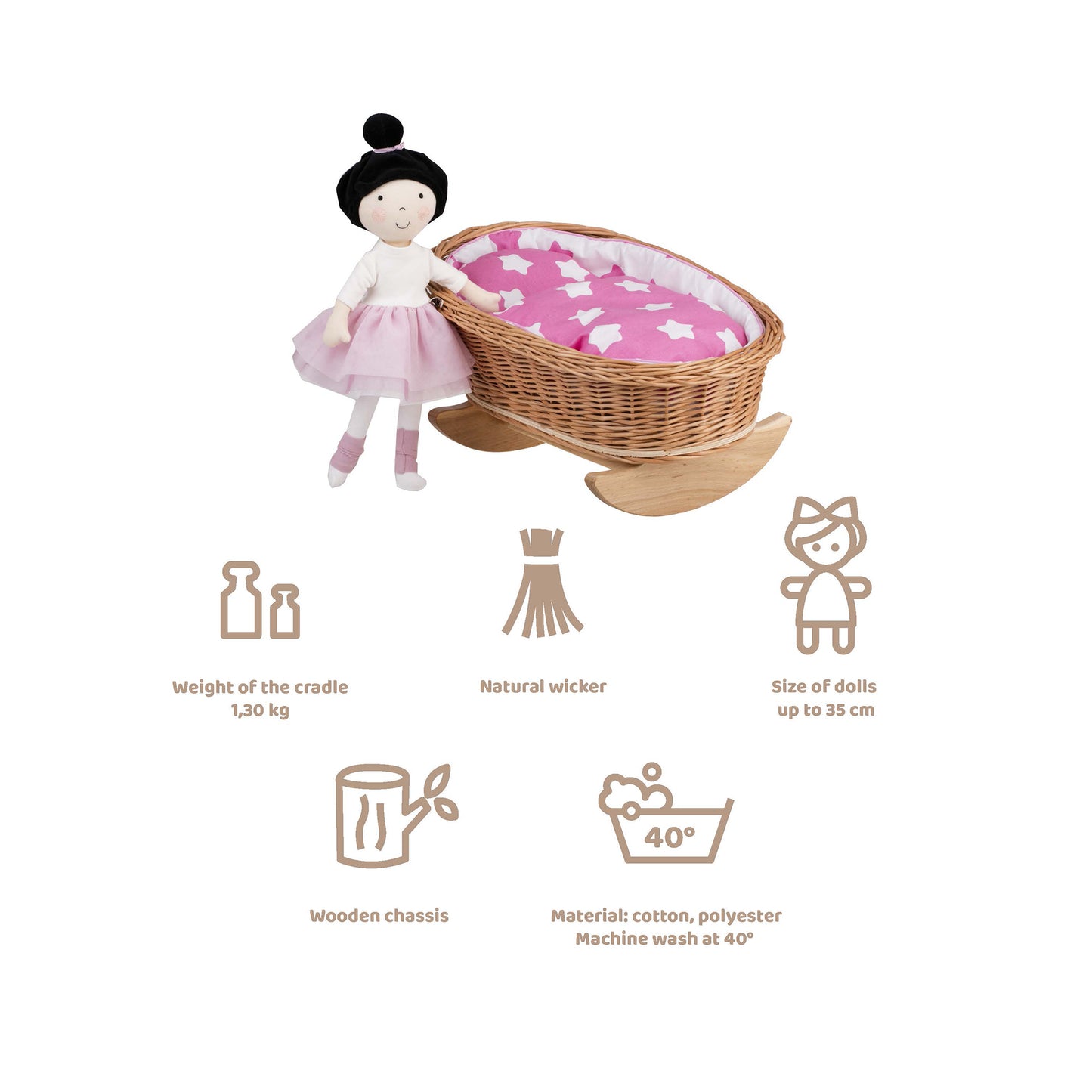 Mimi wiklinowa kołyska dla lalek z różowym obszyciem, poduszką i kołderką TheWickerStories