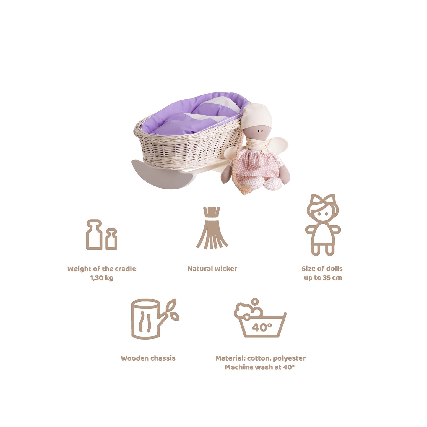 Mimi wiklinowa kołyska dla lalek z fioletowym obszyciem, poduszką i kołderką TheWickerStories