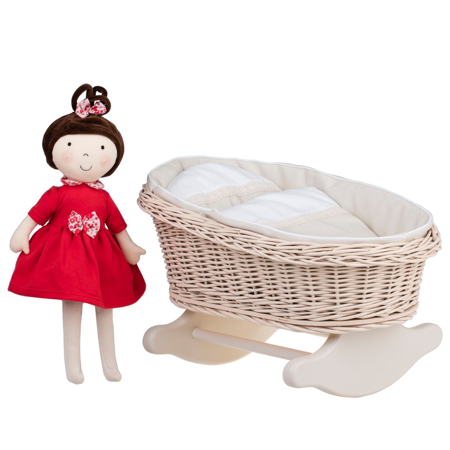 Mimi wiklinowa kołyska dla lalek z beżowym obszyciem, poduszką i kołderką TheWickerStories