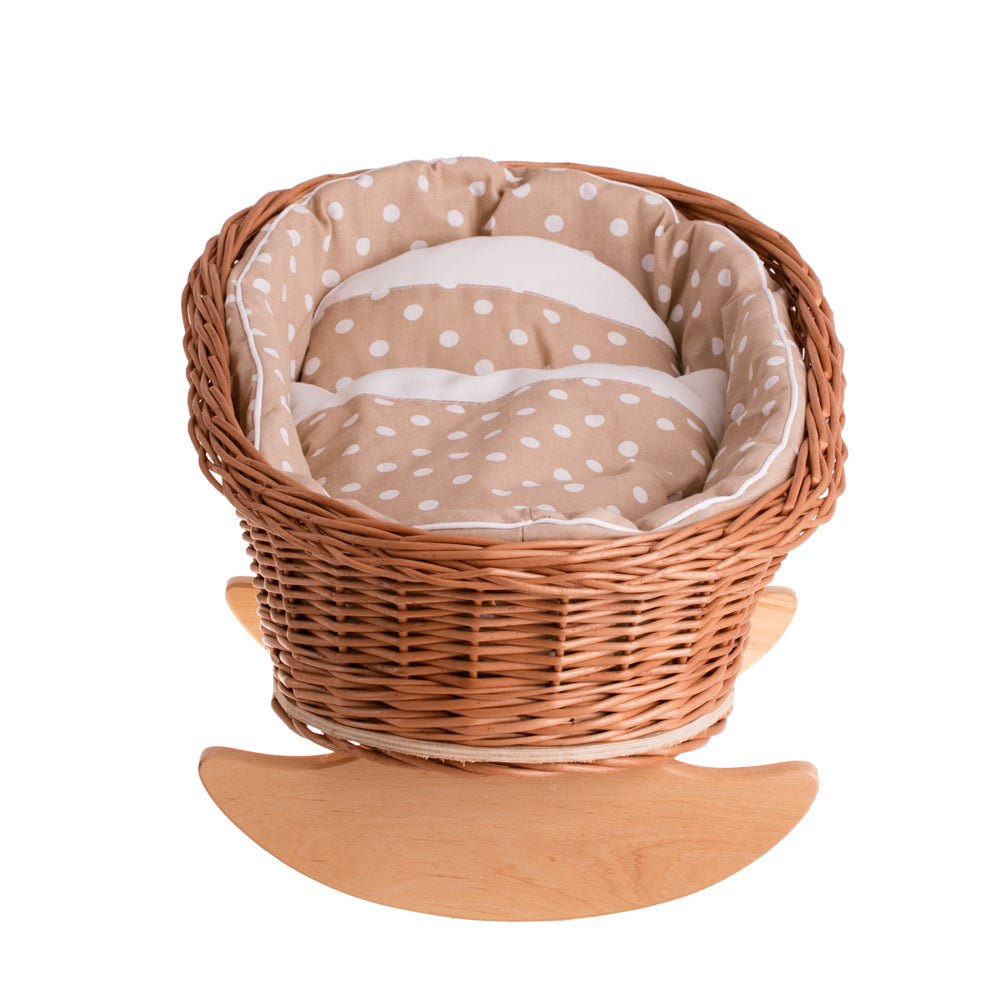 Mimi wiklinowa kołyska dla lalek z beżowym obszyciem, poduszką i kołderką TheWickerStories