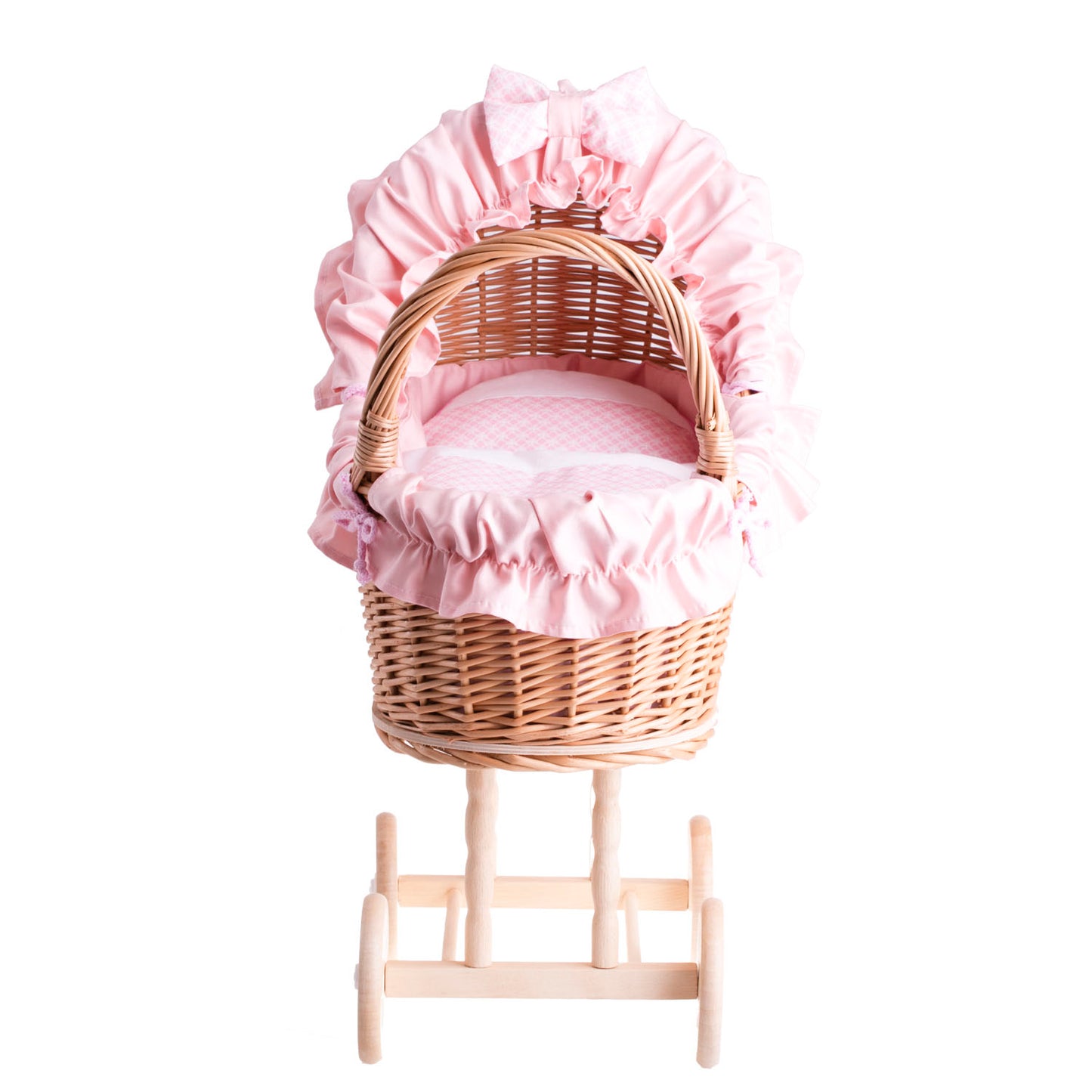 Lulu wiklinowy wózek dla lalek z różowym obszyciem, kołderką i poduszką TheWickerStories