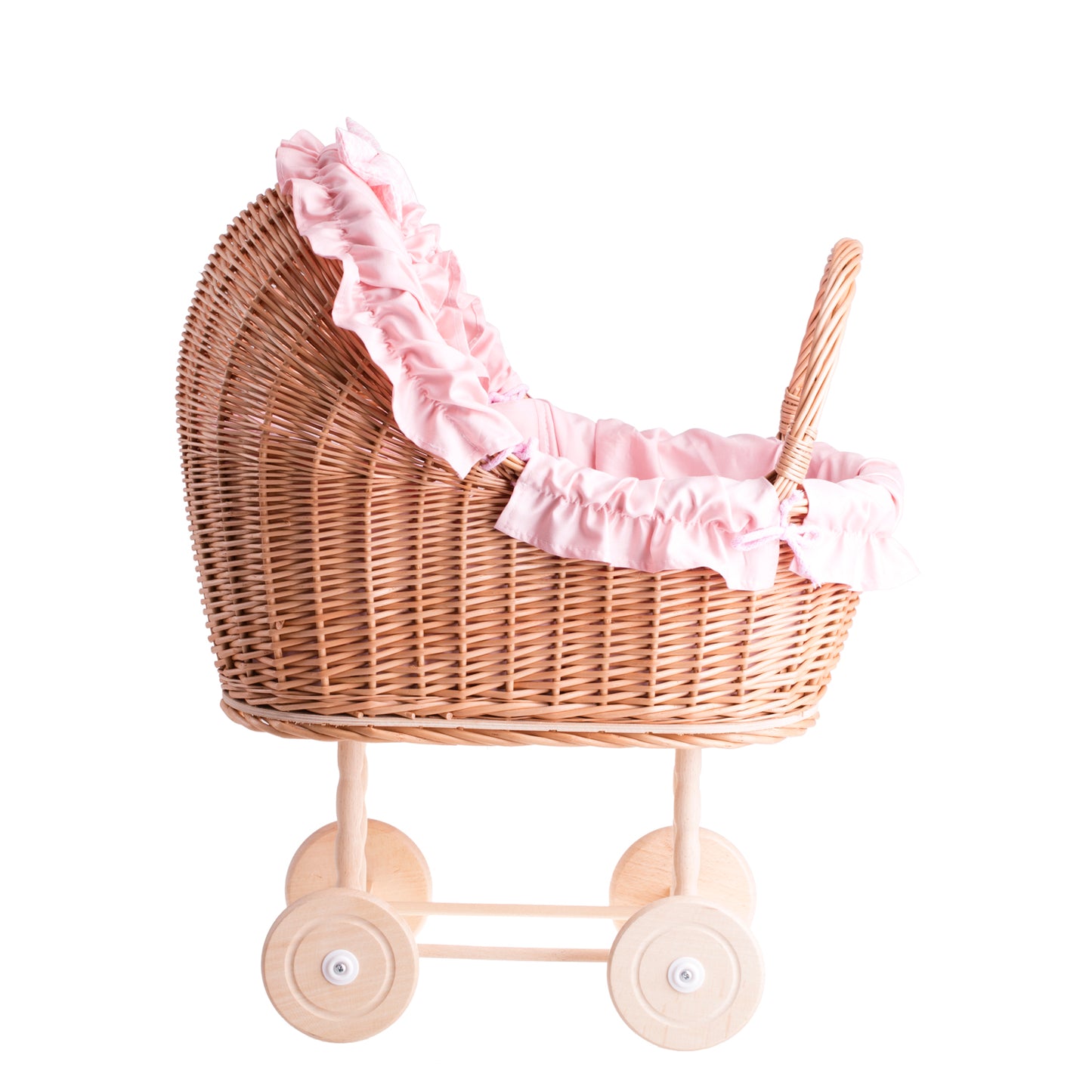 Lulu wiklinowy wózek dla lalek z różowym obszyciem, kołderką i poduszką TheWickerStories