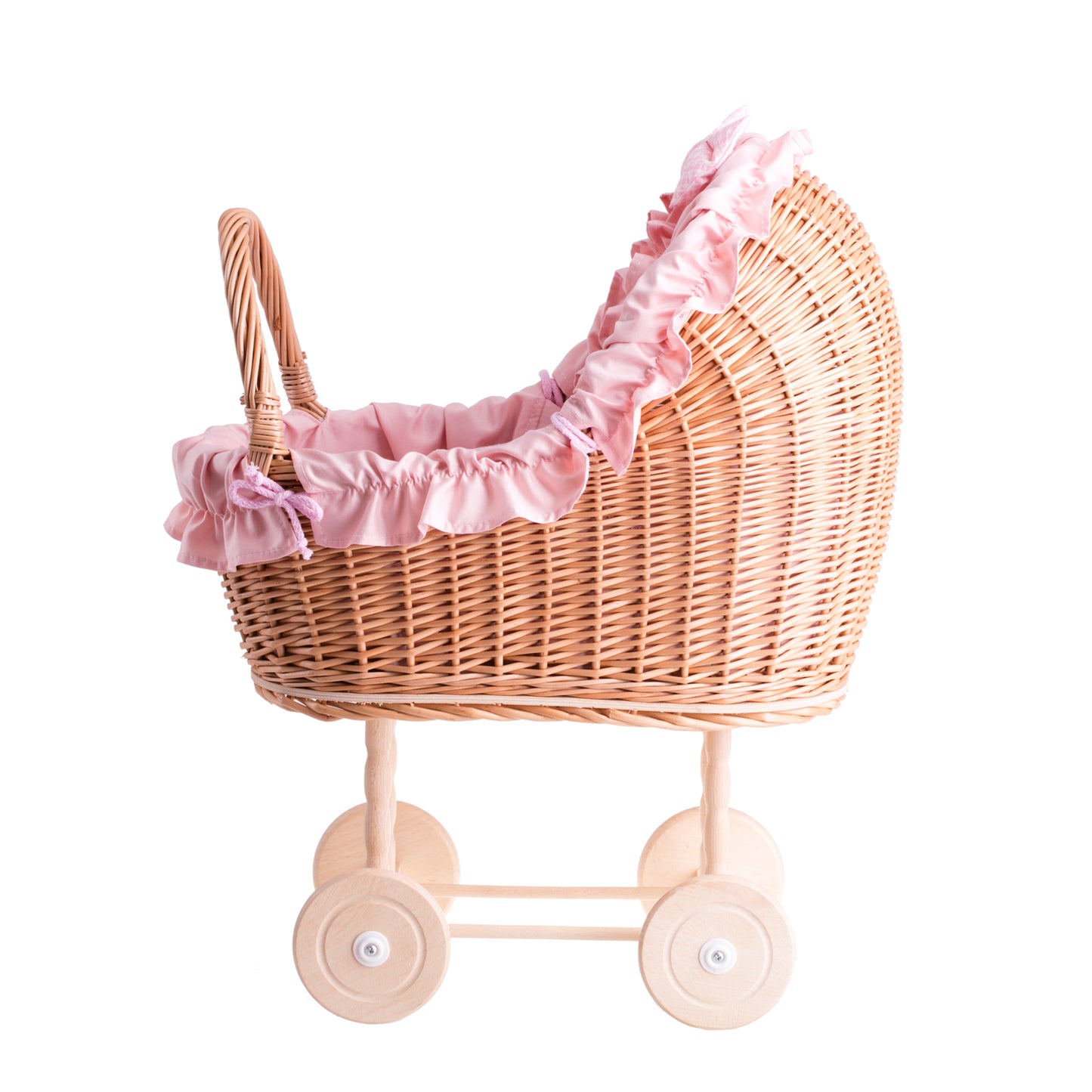 Lulu wiklinowy wózek dla lalek z różowym obszyciem, kołderką i poduszką TheWickerStories