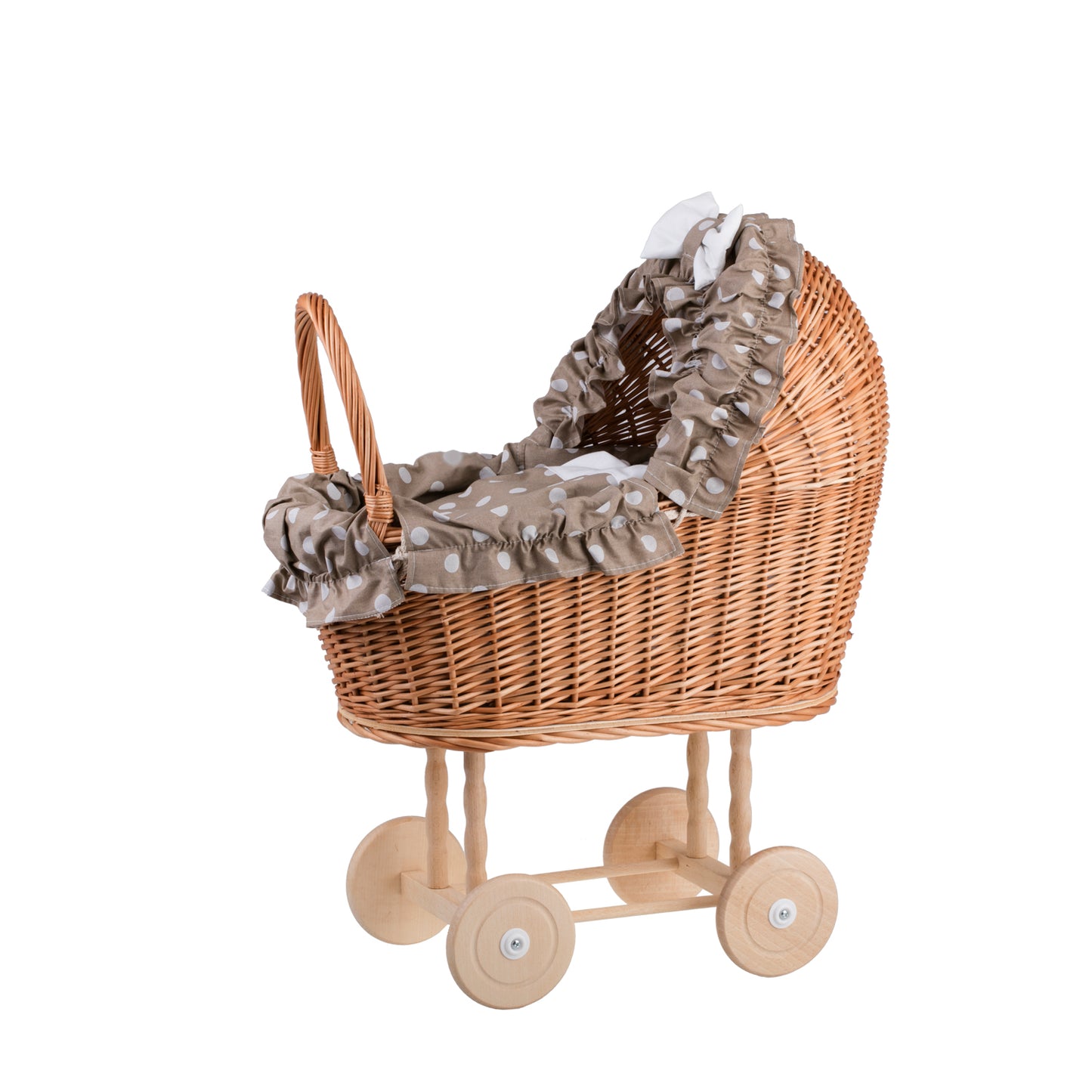 Lulu wiklinowy wózek dla lalek z beżowym obszyciem, kołderką i poduszką TheWickerStories