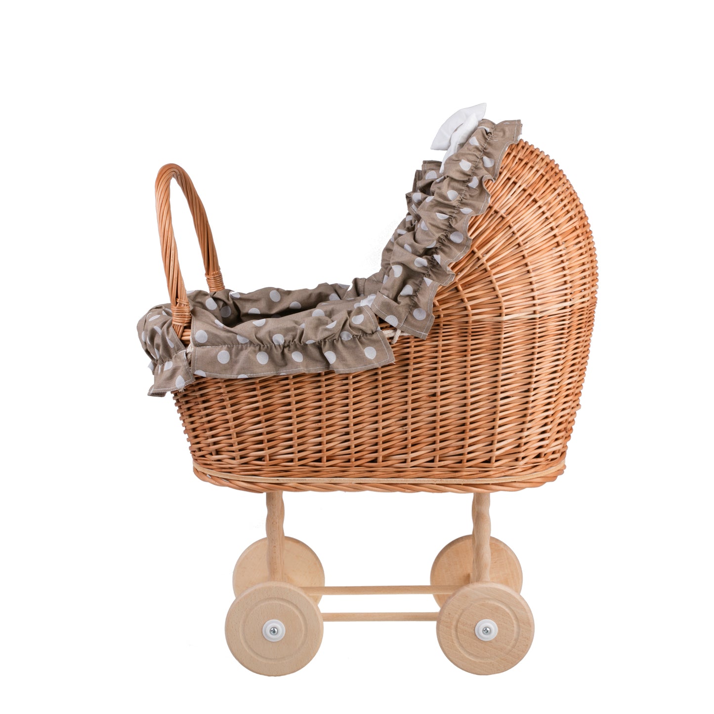 Lulu wiklinowy wózek dla lalek z beżowym obszyciem, kołderką i poduszką TheWickerStories