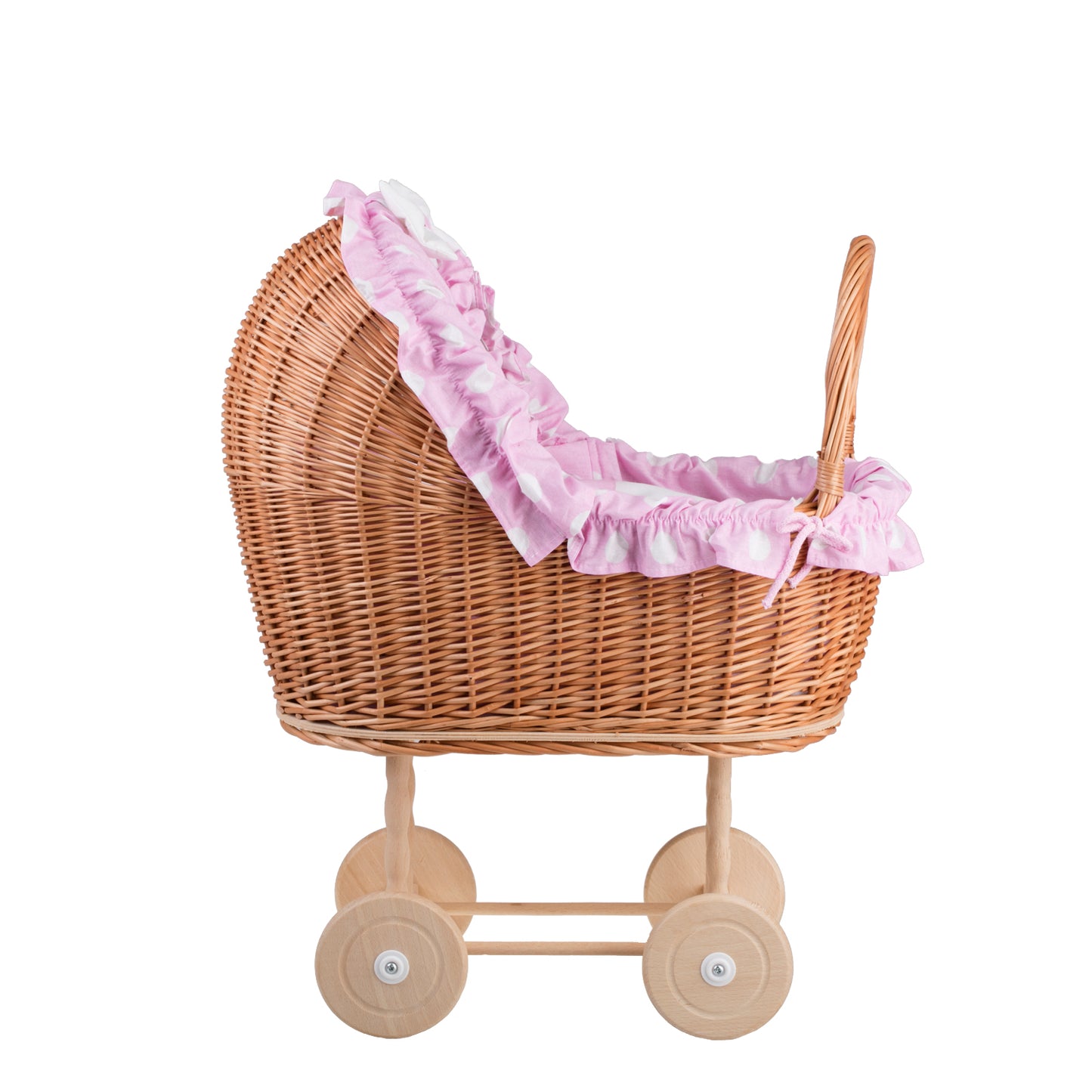 Lulu wiklinowy wózek dla lalek z różowym obszyciem, kołderką i poduszką TheWickerStories