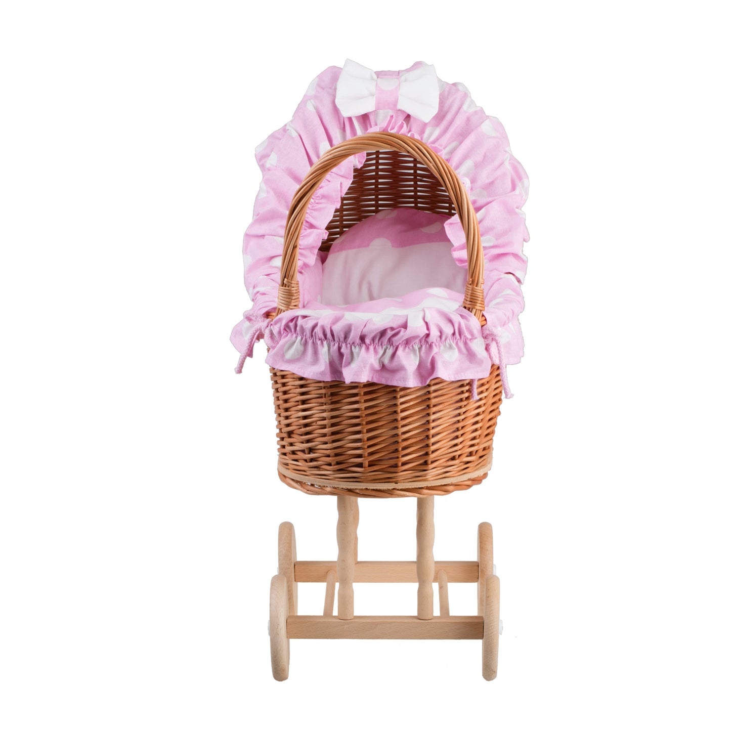 Lulu wiklinowy wózek dla lalek z różowym obszyciem, kołderką i poduszką TheWickerStories