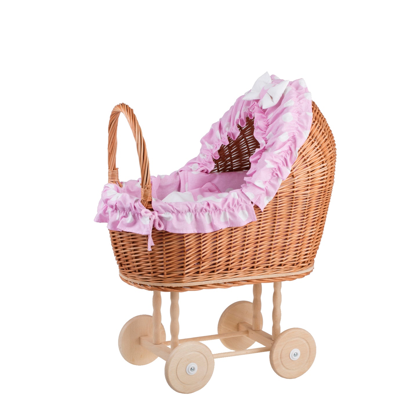 Lulu wiklinowy wózek dla lalek z różowym obszyciem, kołderką i poduszką TheWickerStories