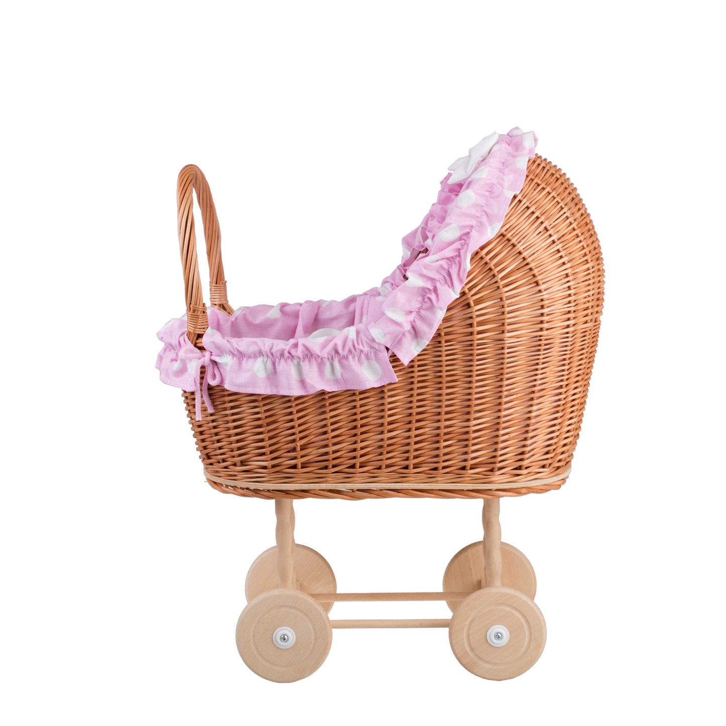 Lulu wiklinowy wózek dla lalek z różowym obszyciem, kołderką i poduszką TheWickerStories