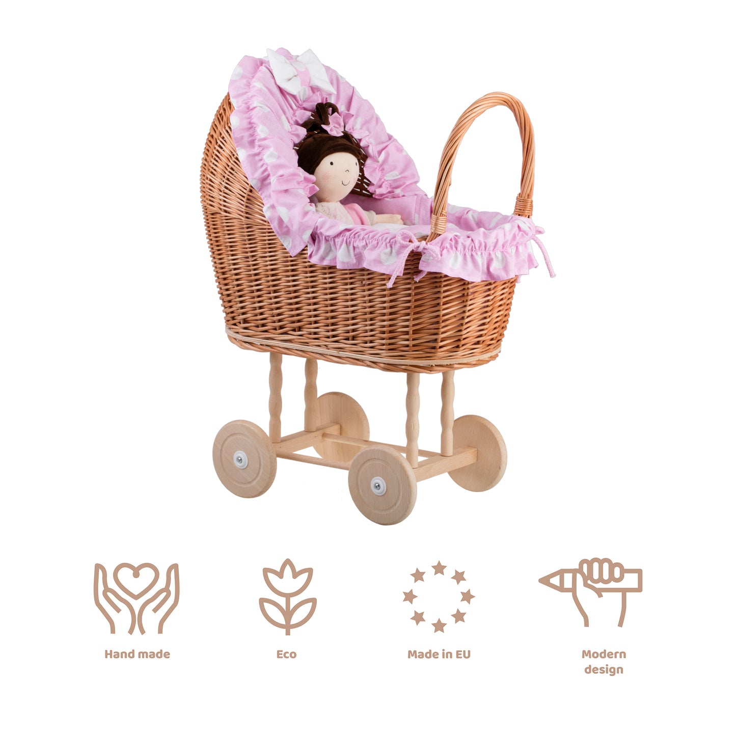 Lulu wiklinowy wózek dla lalek z różowym obszyciem, kołderką i poduszką TheWickerStories
