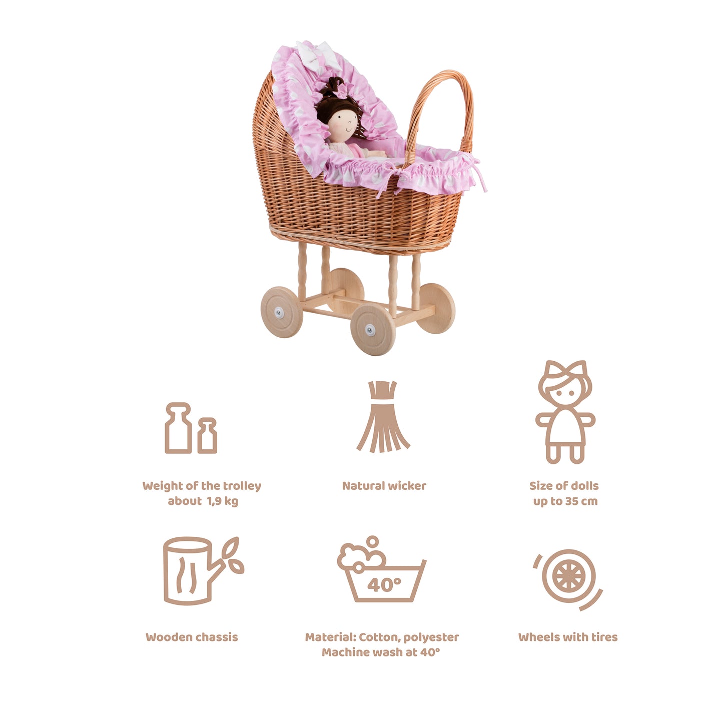 Lulu wiklinowy wózek dla lalek z różowym obszyciem, kołderką i poduszką TheWickerStories