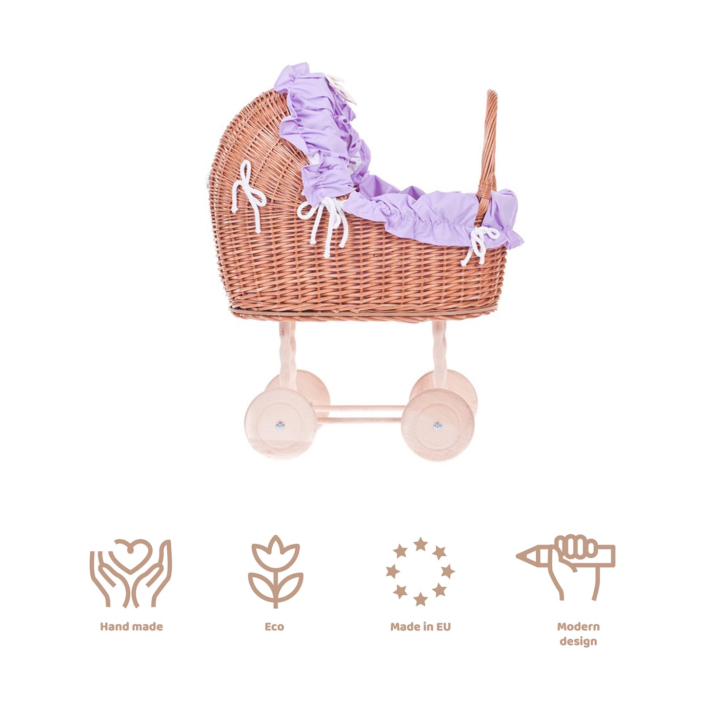 Lulu wiklinowy wózek dla lalek z fioletowym obszyciem, kołderką i poduszką TheWickerStories