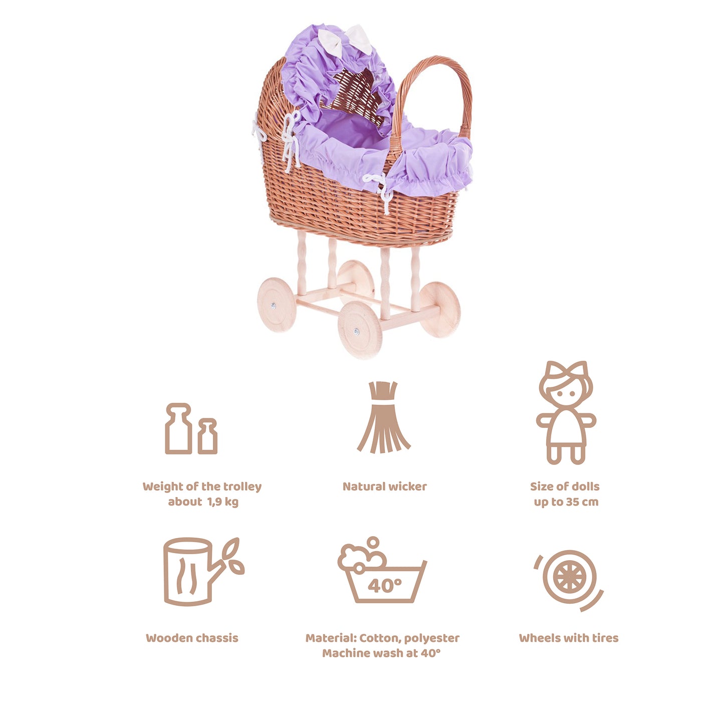 Lulu wiklinowy wózek dla lalek z fioletowym obszyciem, kołderką i poduszką TheWickerStories