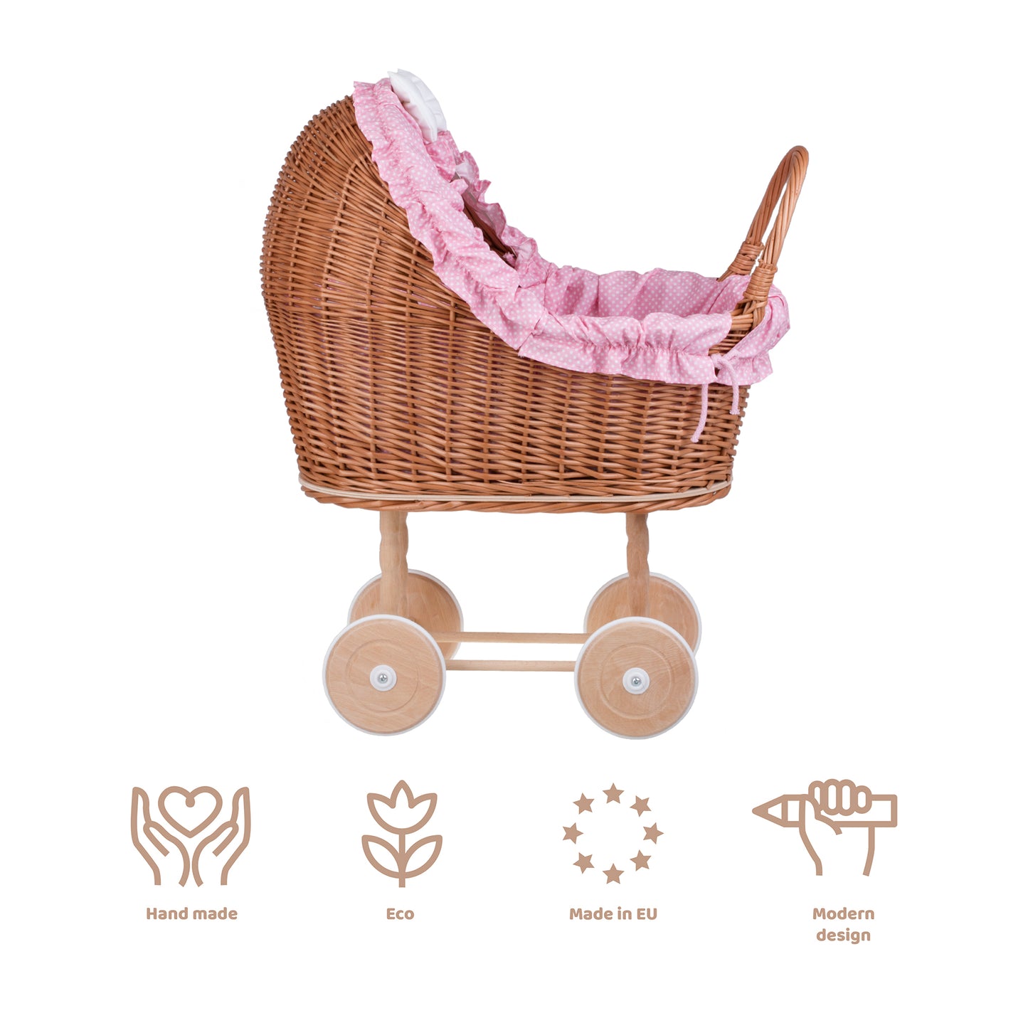 Lulu wiklinowy wózek dla lalek z różowym obszyciem, kołderką i poduszką TheWickerStories