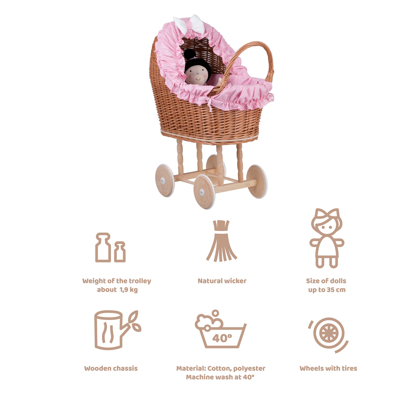 Lulu wiklinowy wózek dla lalek z różowym obszyciem, kołderką i poduszką TheWickerStories