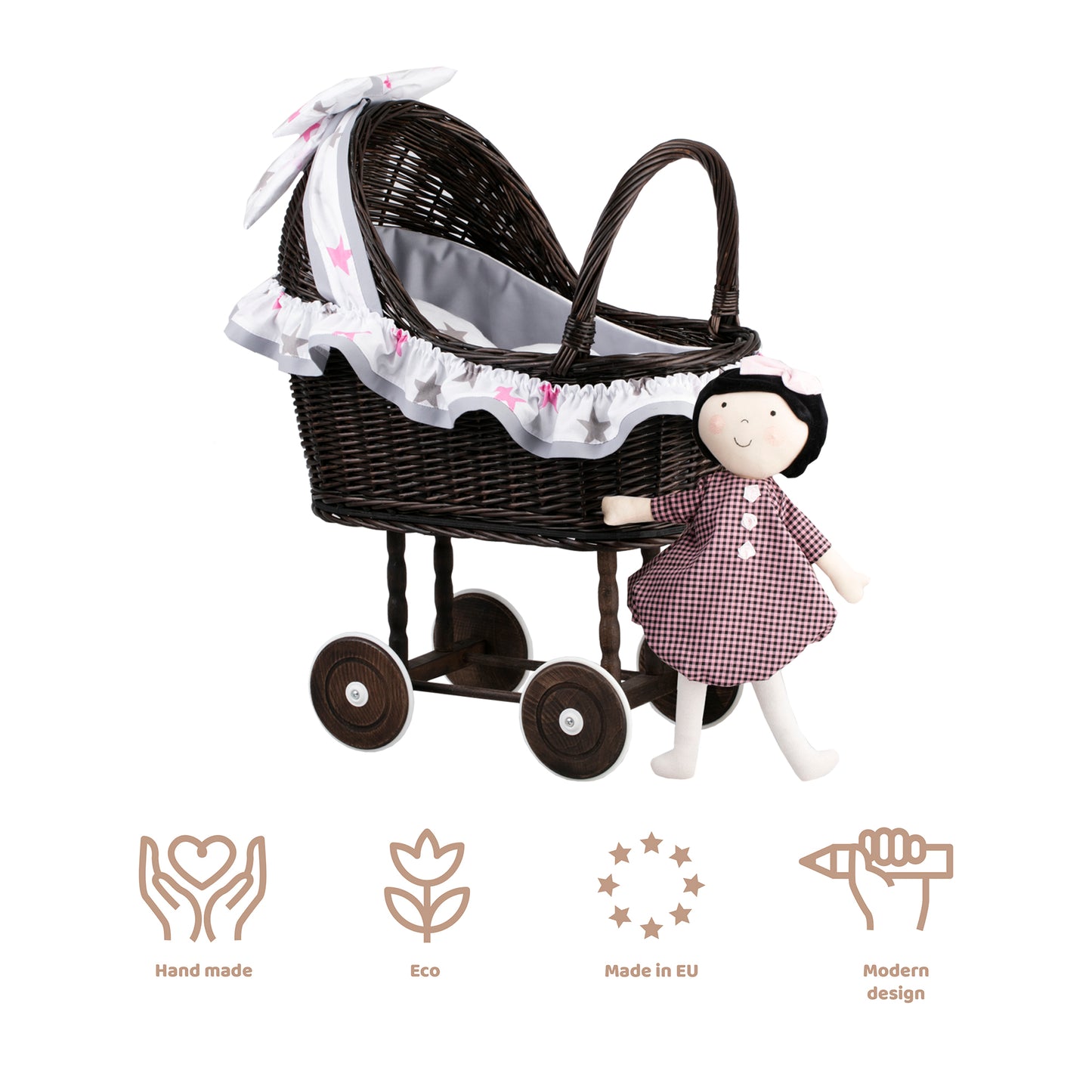 Lulu wiklinowy wózek dla lalek z szarym obszyciem, kołderką i poduszką TheWickerStories