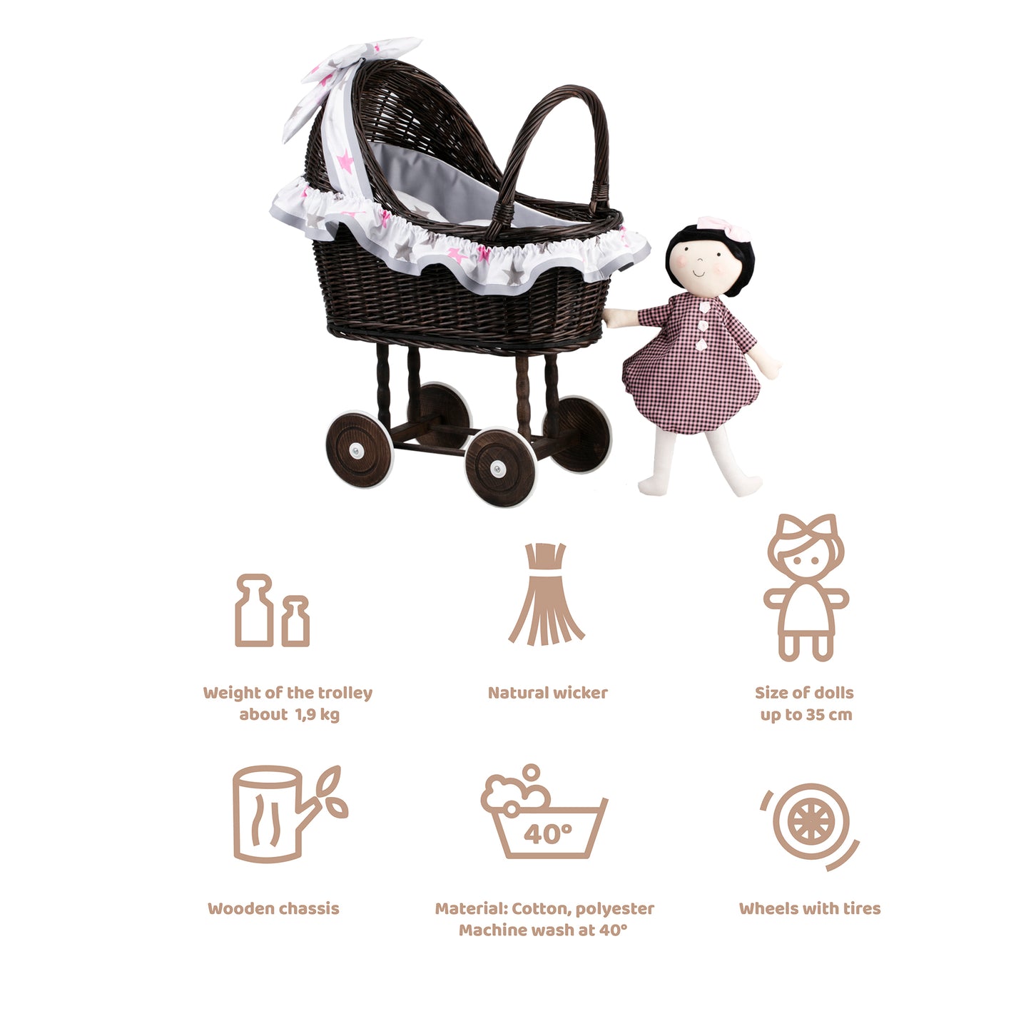 Lulu wiklinowy wózek dla lalek z szarym obszyciem, kołderką i poduszką TheWickerStories