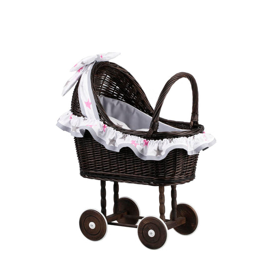 Lulu wiklinowy wózek dla lalek z szarym obszyciem, kołderką i poduszką TheWickerStories