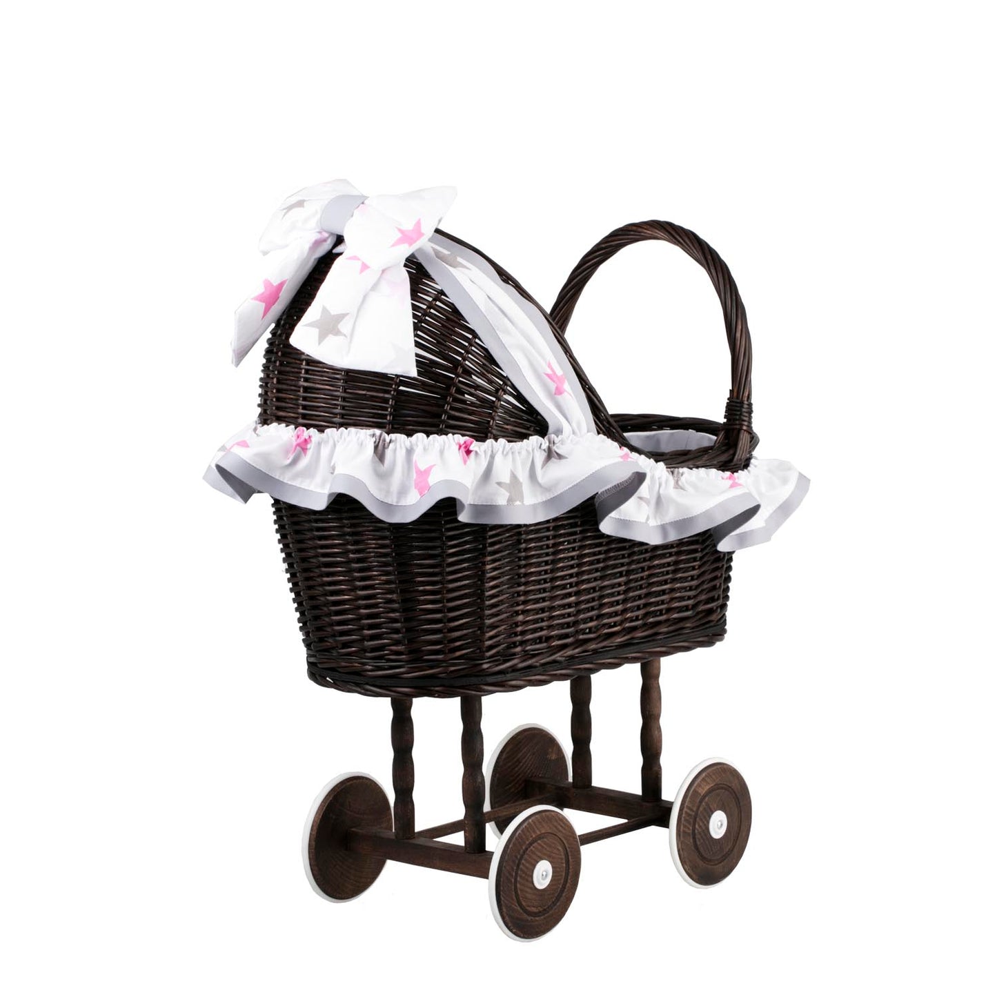 Lulu wiklinowy wózek dla lalek z szarym obszyciem, kołderką i poduszką TheWickerStories