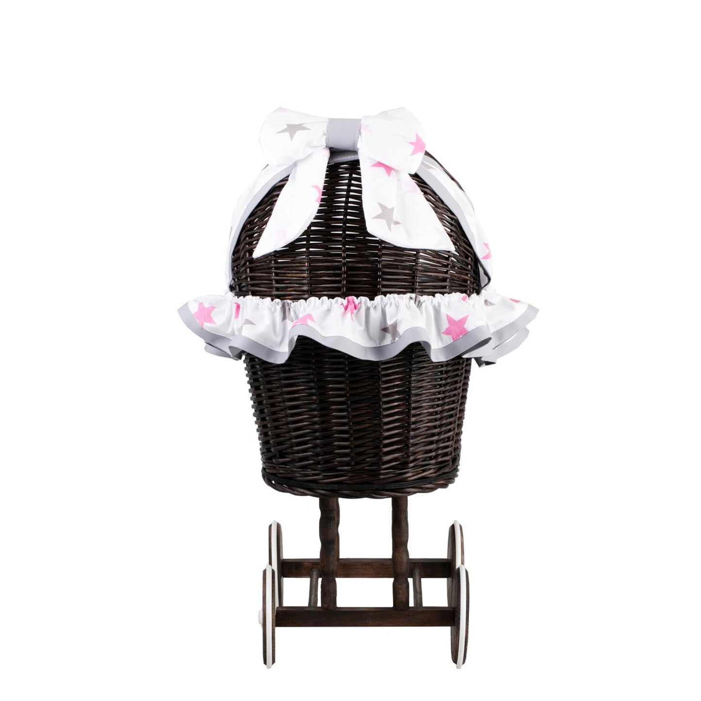 Lulu wiklinowy wózek dla lalek z szarym obszyciem, kołderką i poduszką TheWickerStories