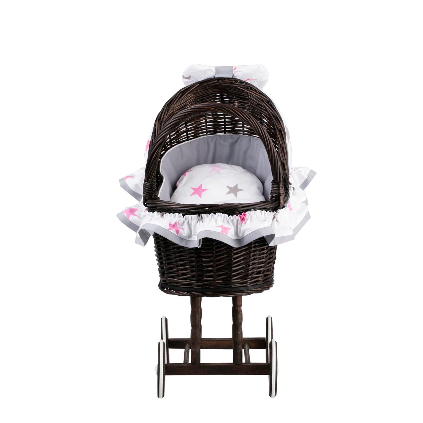 Lulu wiklinowy wózek dla lalek z szarym obszyciem, kołderką i poduszką TheWickerStories