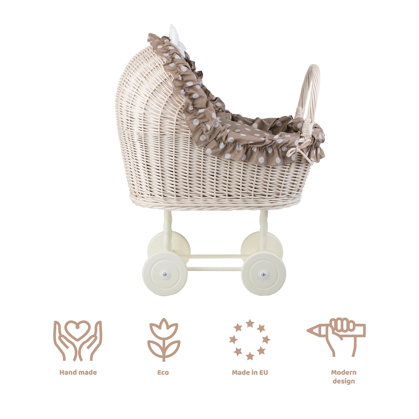 Lulu wiklinowy wózek dla lalek z beżowym obszyciem, kołderką i poduszką TheWickerStories
