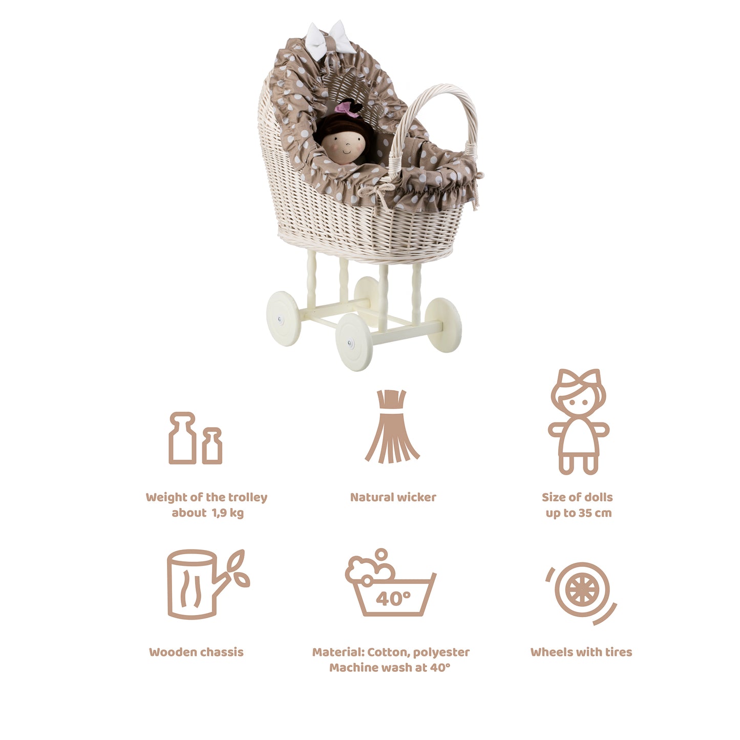 Lulu wiklinowy wózek dla lalek z beżowym obszyciem, kołderką i poduszką TheWickerStories