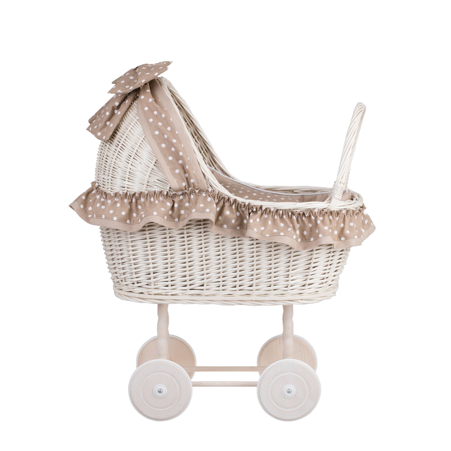 Lulu wiklinowy wózek dla lalek z beżowym obszyciem, kołderką i poduszką TheWickerStories