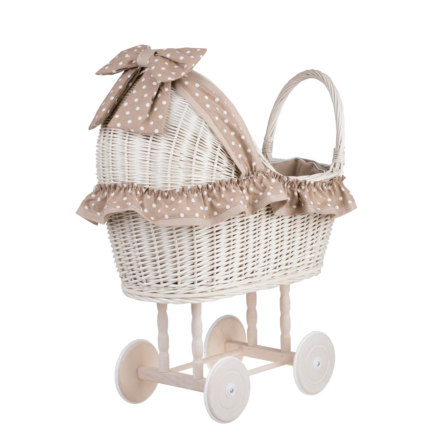 Lulu wiklinowy wózek dla lalek z beżowym obszyciem, kołderką i poduszką TheWickerStories