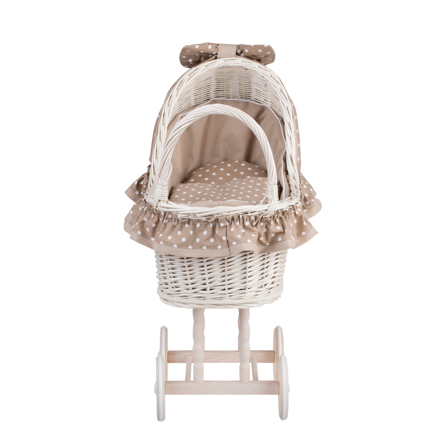 Lulu wiklinowy wózek dla lalek z beżowym obszyciem, kołderką i poduszką TheWickerStories